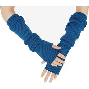 Women's Blue Soft Cozy Arm Warmers Fingerless Knitted Long Gloves Winter